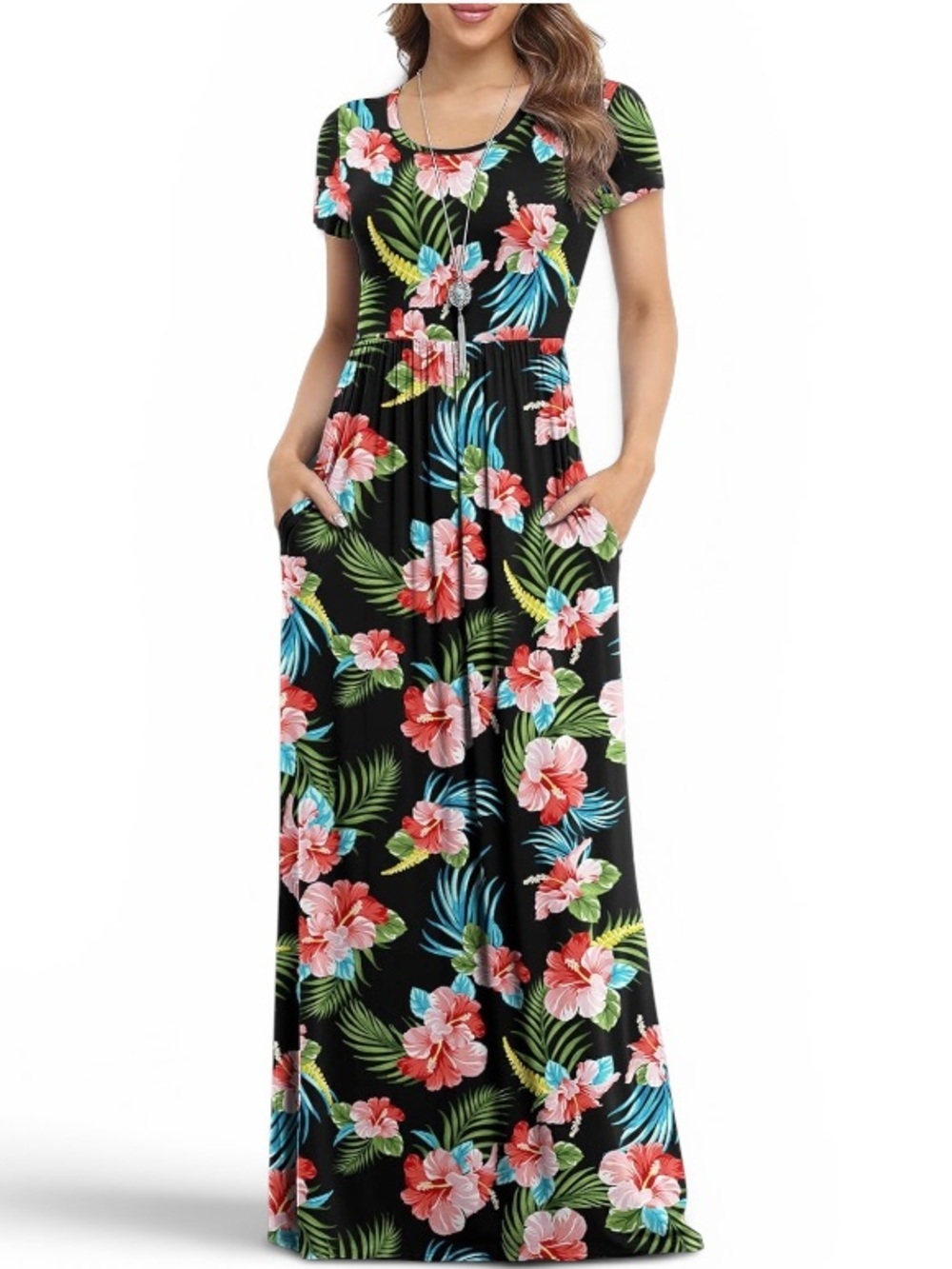 NWOT Tropical Floral Maxi Dress with Pockets in Size Small Crinkle Texture